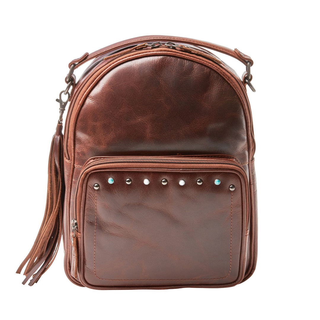 Sawyer | Concealed Carry Leather Backpack | Full Grain Leather with Stud Accents | Locking Exterior Concealment Pocket | RFID Organizer