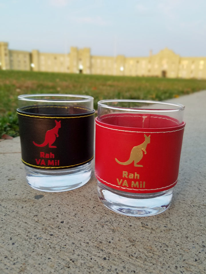 Rah VA Mil | Bar Glass Set | 2 Rocks Glasses + 2 Leather Sleeves