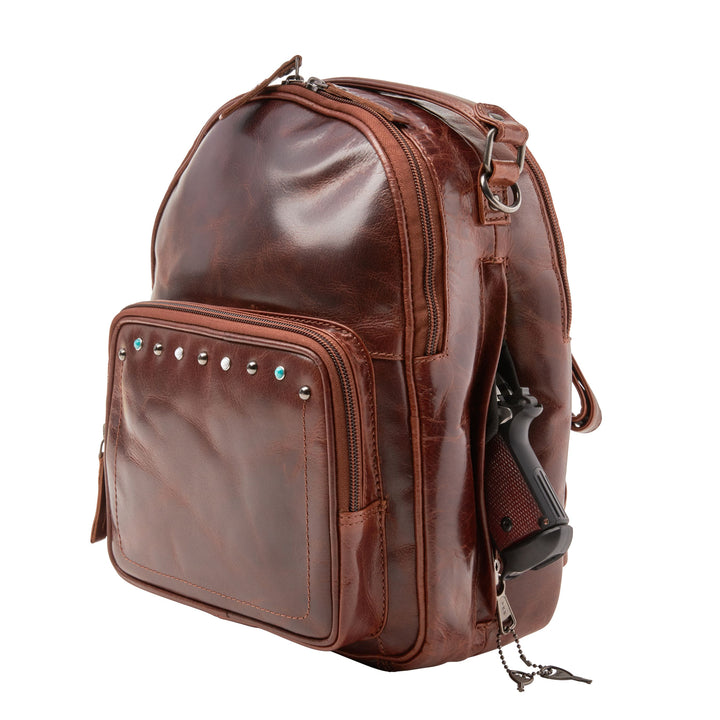 Sawyer | Concealed Carry Leather Backpack | Full Grain Leather with Stud Accents | Locking Exterior Concealment Pocket | RFID Organizer