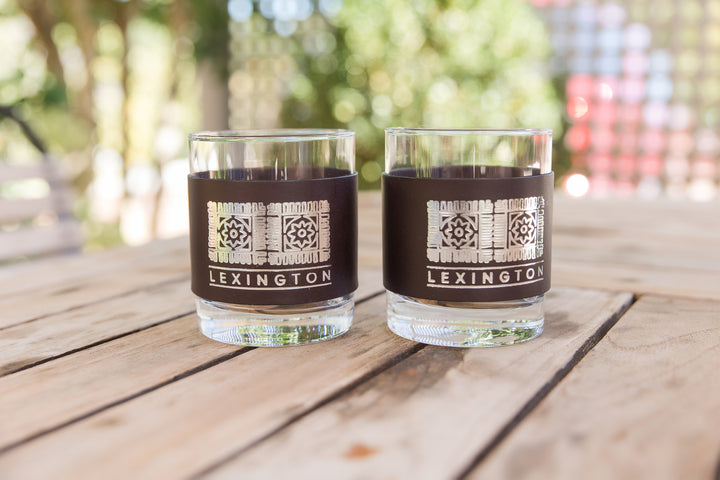 Iconic Lexington Brick | Bar Glass Set | 2 Rocks Glasses + 2 Leather Sleeves