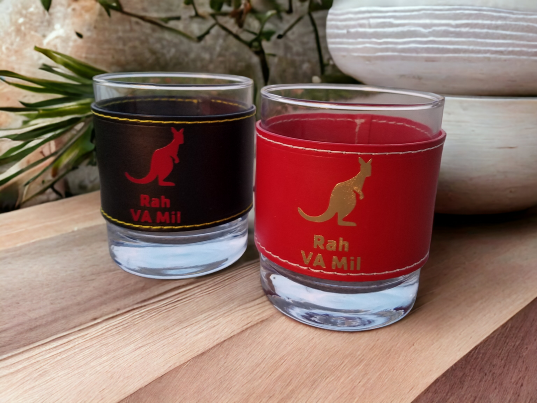 Rah VA Mil | Bar Glass Set | 2 Rocks Glasses + 2 Leather Sleeves