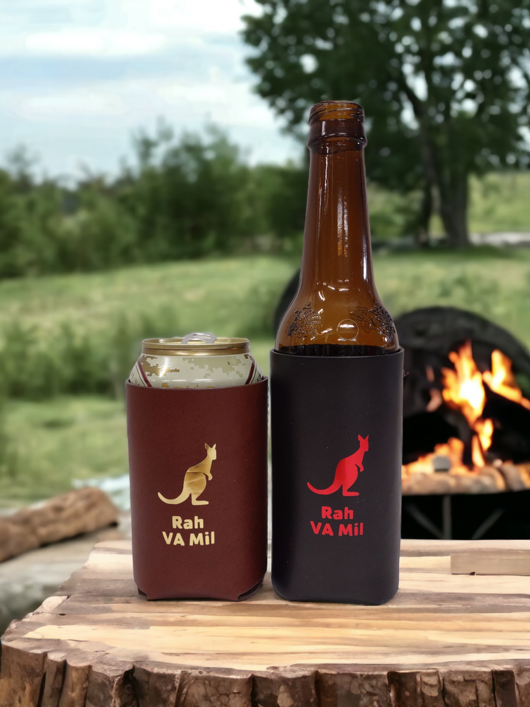 Rah VA Mil | Leather Koozie for Can or Bottle