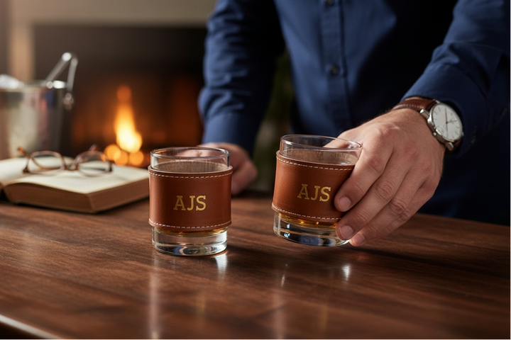 Person holding two glasses with 'AJS' branding on a wooden table with a warm, cozy background.