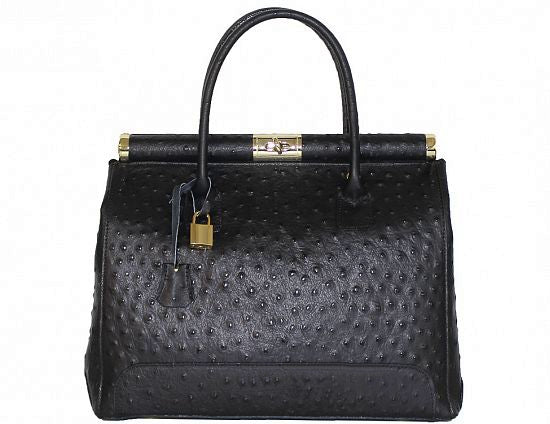 'Doctors Bag' Leather Handbag | Ostrich Print | Black