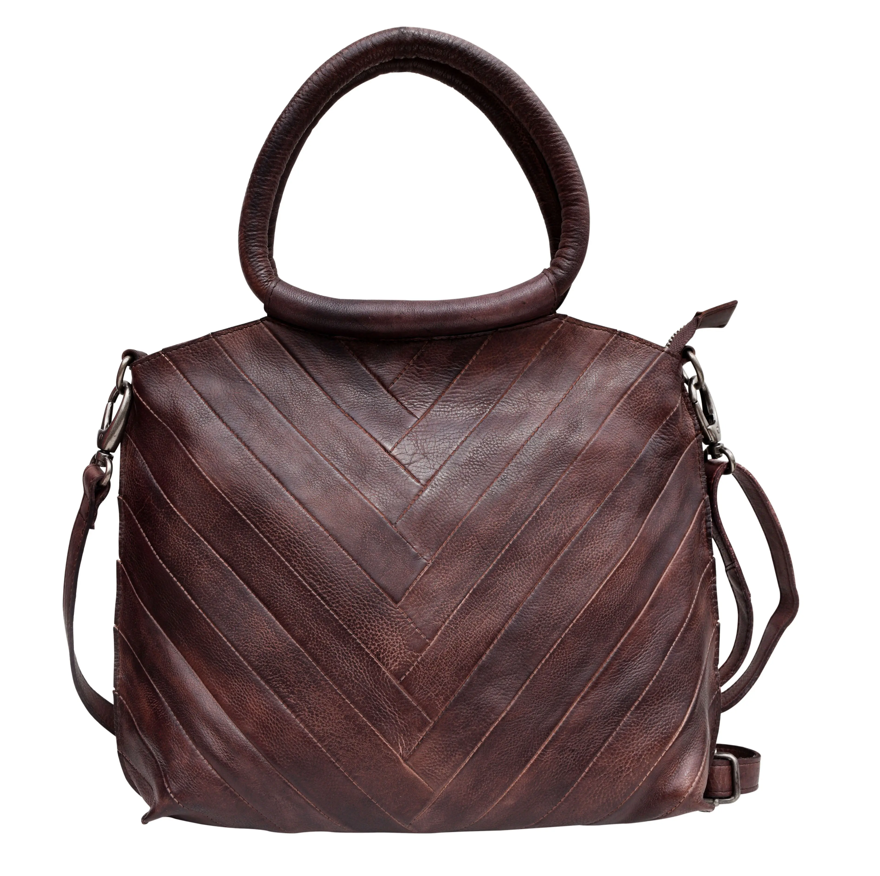 Lizbeth Leather Handbag with Herringbone Front & Round Handles