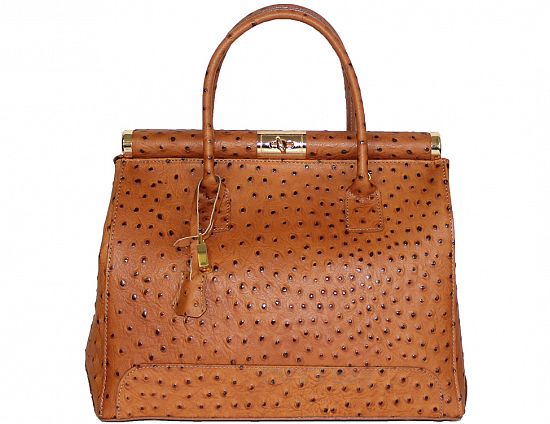'Doctors Bag' Leather Handbag | Ostrich Print | Cognac