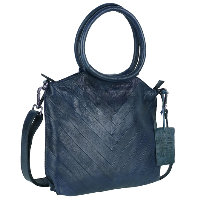 Lizbeth Leather Handbag with Herringbone Front & Round Handles