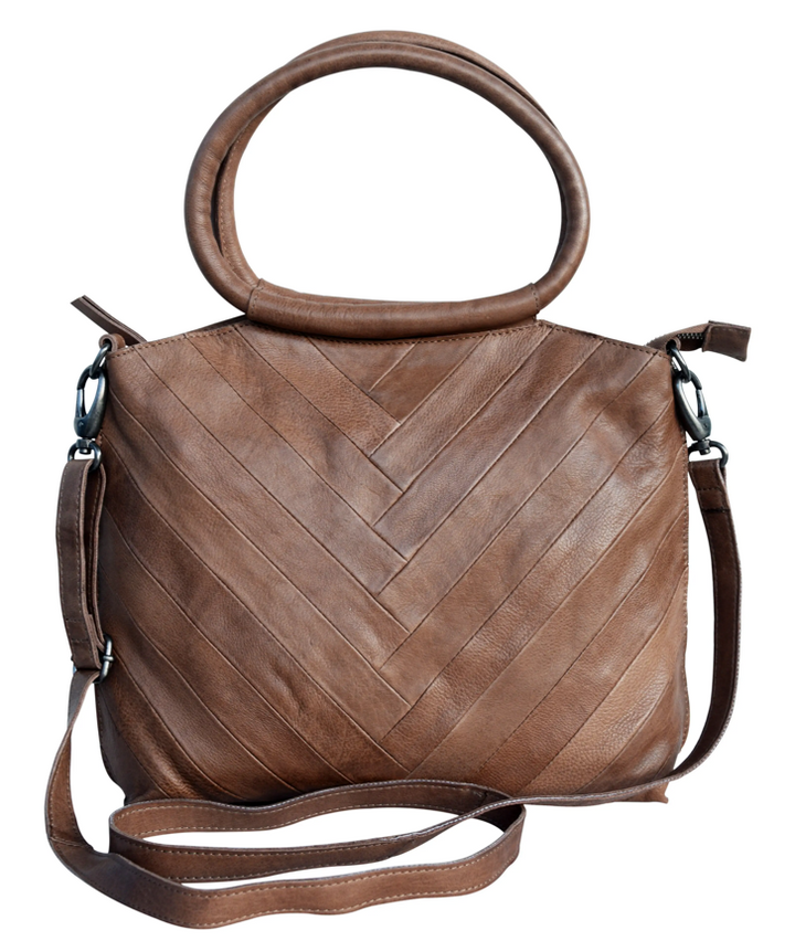 Lizbeth Leather Handbag with Herringbone Front & Round Handles