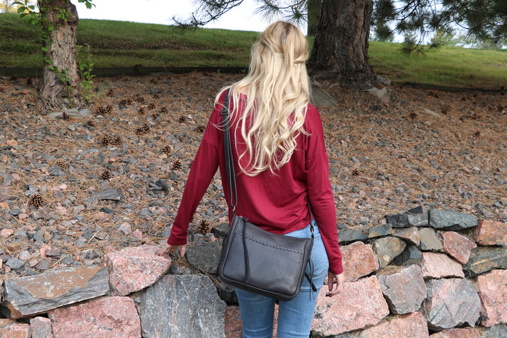 Model wearing Style "Callie" | Concealed Carry Crossbody Shoulder Bag | Black Genuine Leather | By Lady Conceal