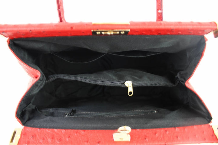 Inside view of 'Doctors Bag' Leather Handbag | Ostrich Print | Red