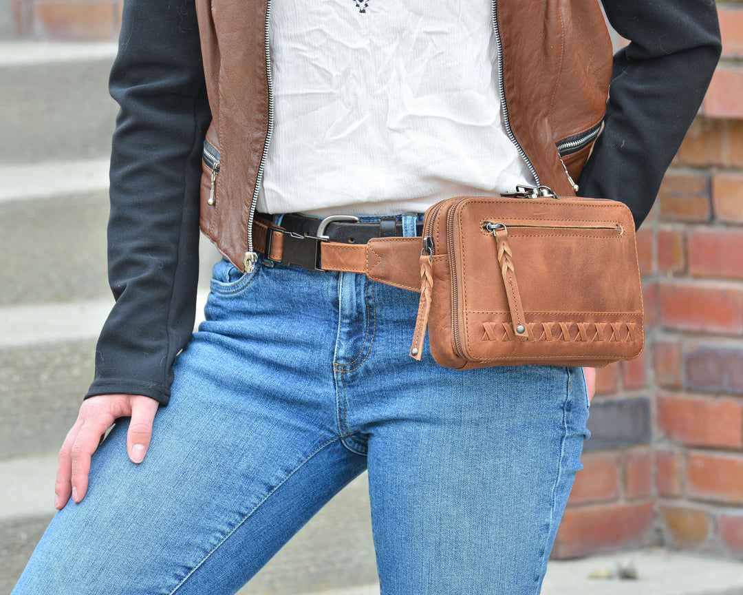 Model Wearing Style "Kailey" | Concealed Carry Leather Waist Pack | Full Grain Leather | By Lady Conceal
