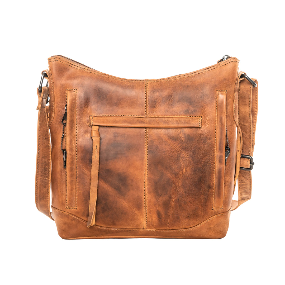 Style "Blake" | Concealed Carry Crossbody with Criss-Cross Stitching and removable tassel accents | Back View | By Lady Conceal