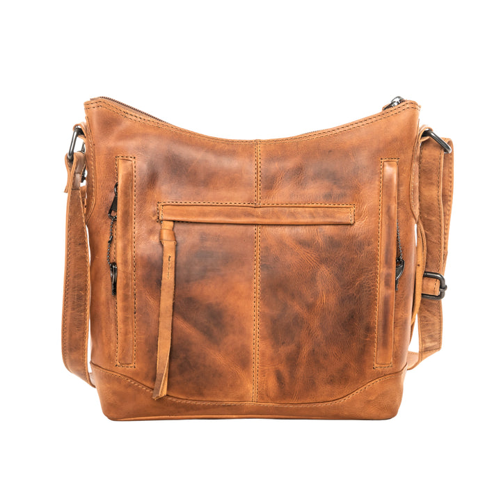 Style "Blake" | Concealed Carry Crossbody with Criss-Cross Stitching and removable tassel accents | Back View | By Lady Conceal
