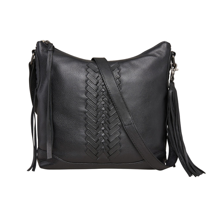 Style "Blake" | Concealed Carry Crossbody with Criss-Cross Stitching and removable tassel accents | Black Nappa Leather | By Lady Conceal