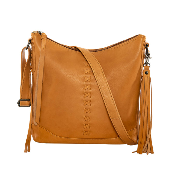 Style "Blake" | Concealed Carry Crossbody with Criss-Cross Stitching and removable tassel accents | Caramel Full-Grain Leather | By Lady Conceal