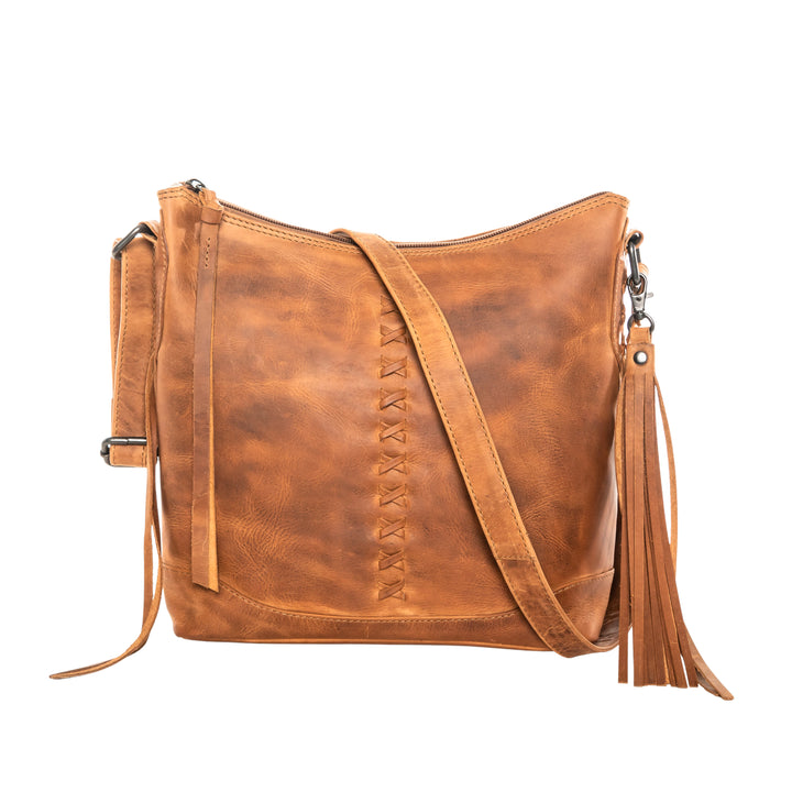 Style "Blake" | Concealed Carry Crossbody with Criss-Cross Stitching and removable tassel accents | Cognac Full-Grain Leather | By Lady Conceal
