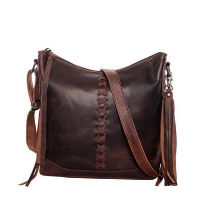Style "Blake" | Concealed Carry Crossbody with Criss-Cross Stitching and removable tassel accents | Dark Mahogany Full-Grain Leather | By Lady Conceal