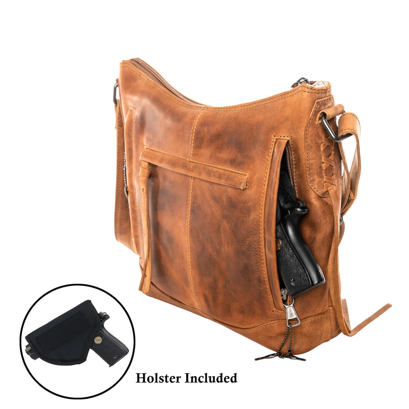 Style "Blake" | Concealed Carry Crossbody with Criss-Cross Stitching and removable tassel accents | Concealment Pocket View | By Lady Conceal
