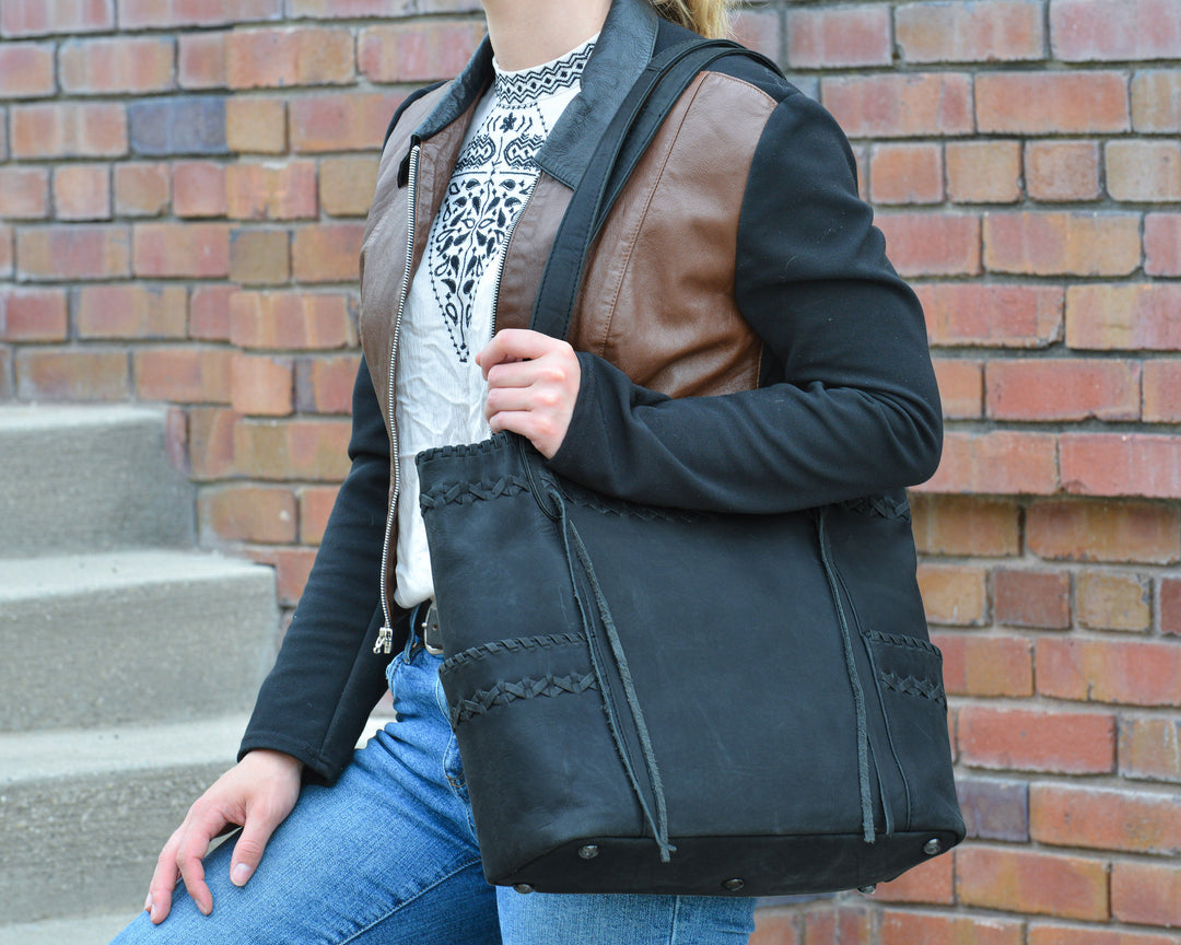 Model Wearing Style "Kendall" | Concealed Carry Tote/Shoulder Bag/Crossbody | Full Grain Leather | By Lady Conceal
