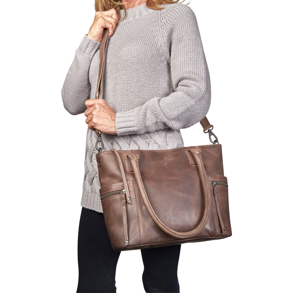 Model wearing Style "Emerson" | Concealed Carry Tote/Shoulder Bag/Crossbody | Gray Full Grain Leather | By Lady Conceal