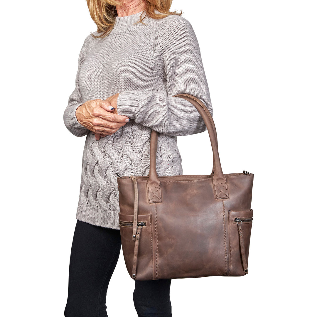 Model wearing Style "Emerson" | Concealed Carry Tote/Shoulder Bag/Crossbody | Gray Full Grain Leather | By Lady Conceal