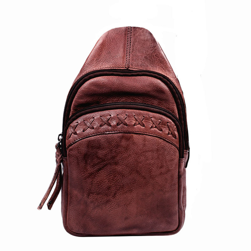 Taylor | Unisex Concealed Carry Leather Backpack or Sling Bag | Full Grain Leather with Lace Accent | Locking Exterior Concealment Pocket