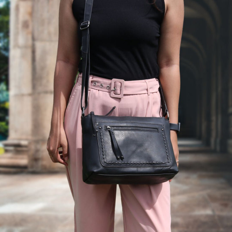 Tatum | Concealed Carry Leather Crossbody or Shoulder Bag | Lace Accent | Full Grain Leather | Locking Exterior Concealment Pocket