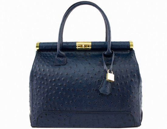 'Doctors Bag' Leather Handbag | Ostrich Print | Navy Blue