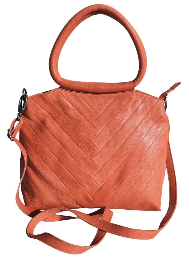 Lizbeth Leather Handbag with Herringbone Front & Round Handles