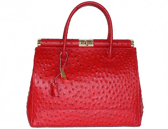 'Doctors Bag' Leather Handbag | Ostrich Print | Red