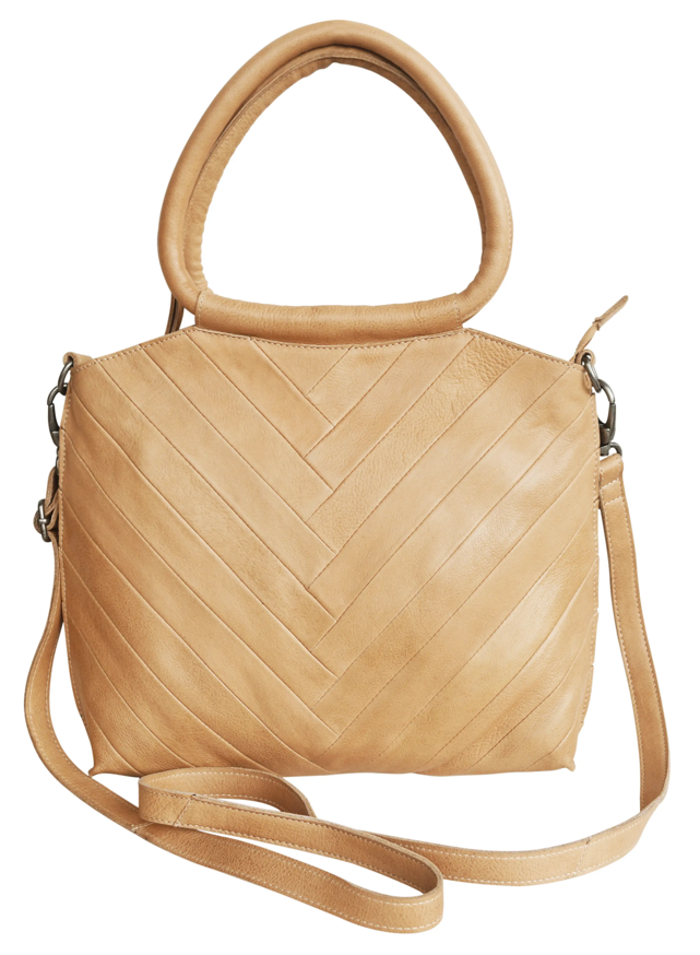 Lizbeth Leather Handbag with Herringbone Front & Round Handles