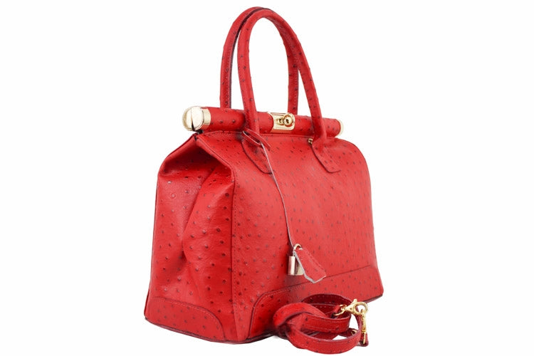 Side view of 'Doctors Bag' Leather Handbag | Ostrich Print | Red