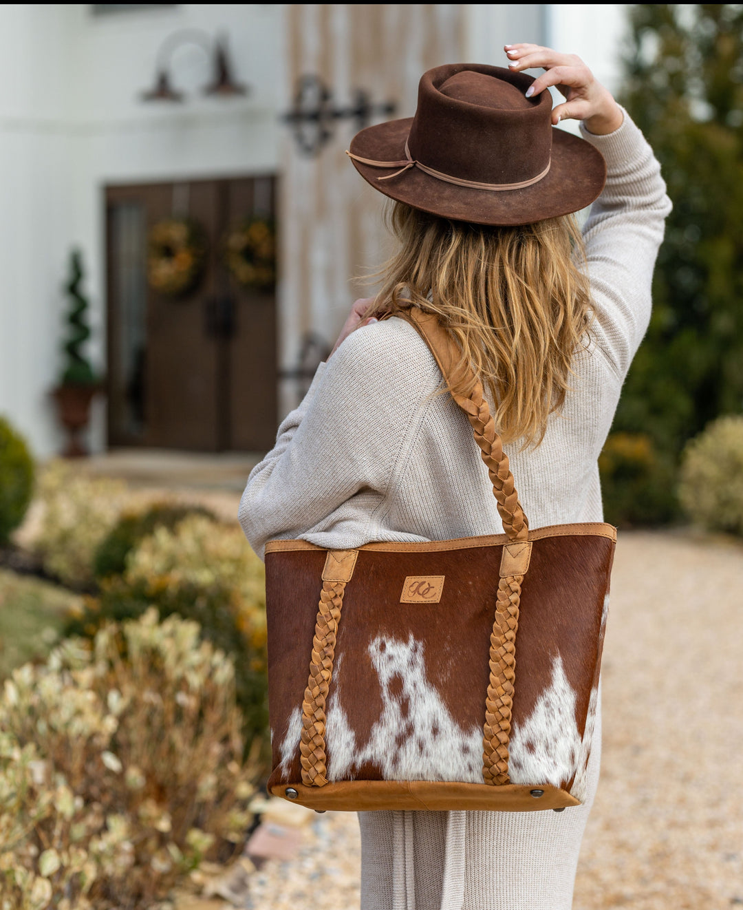 Riley | Leather Concealed Carry Tote, Shoulder Bag | Hair-On Cowhide with Braided Accents | Large-Size Bag | Locking Interior Concealment