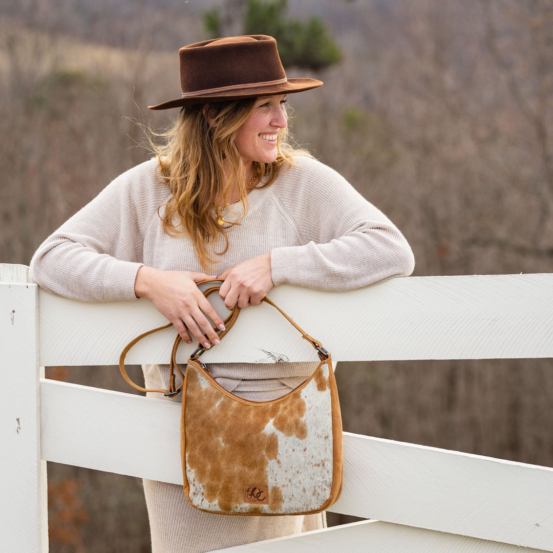 Penny | Leather Concealed Carry Crossbody, Shoulder Bag | Western Boho Style Hair-On Cowhide Accents | Locking Exterior Concealment Pocket