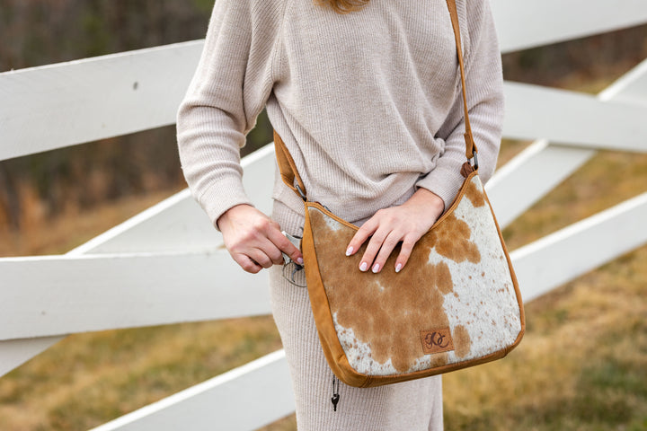 Penny | Leather Concealed Carry Crossbody, Shoulder Bag | Western Boho Style Hair-On Cowhide Accents | Locking Exterior Concealment Pocket