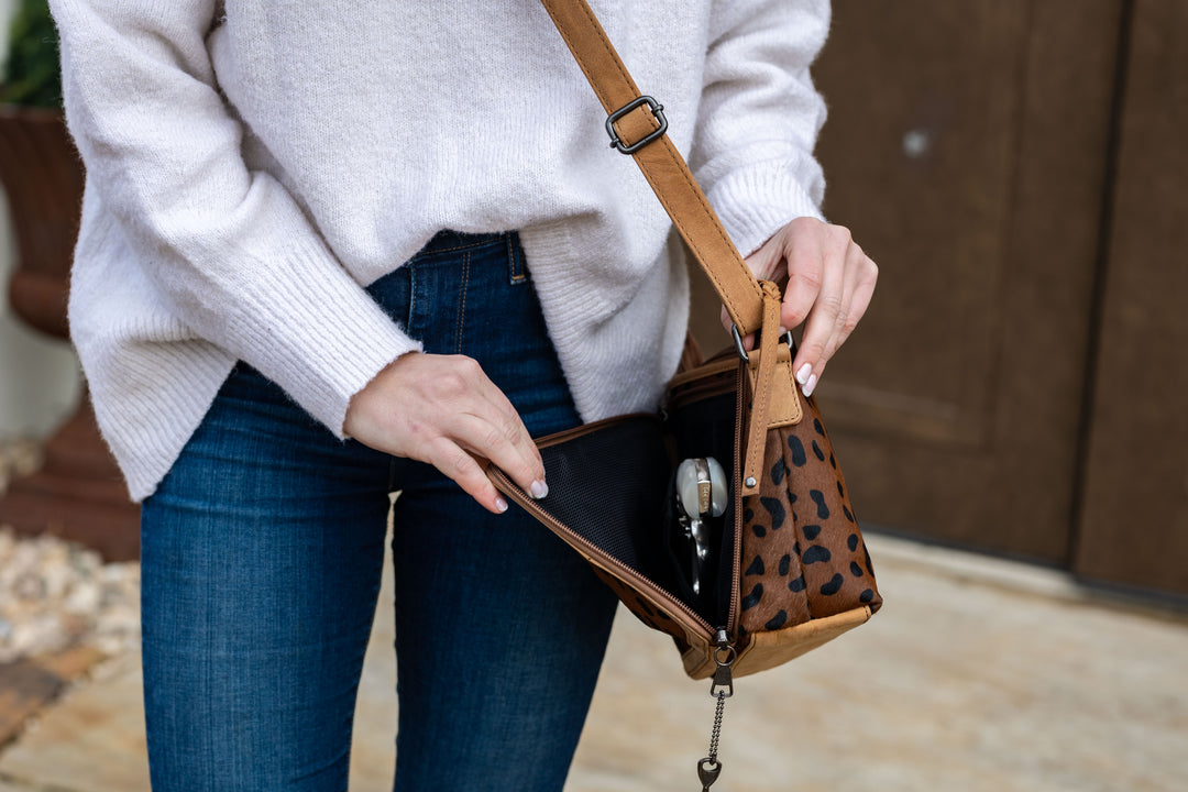 Cheetah Print Hair-On Leather Hide | Concealed Carry Crossbody, Shoulder Bag | Mid-Size Bag | Locking Exterior Concealment Pocket