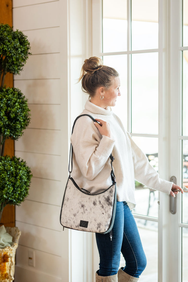 Penny | Leather Concealed Carry Crossbody, Shoulder Bag | Western Boho Style Hair-On Cowhide Accents | Locking Exterior Concealment Pocket